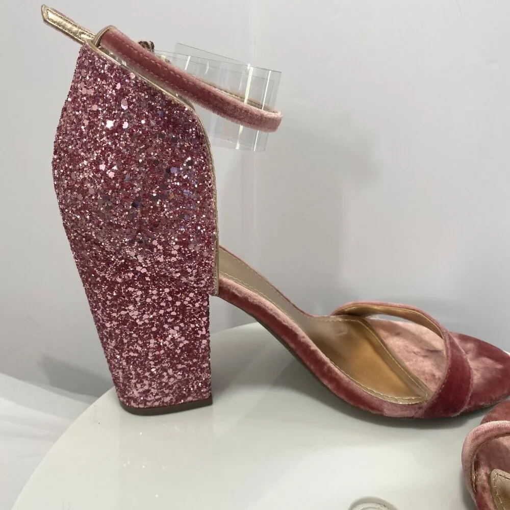 Guess Glitter Party Wrap BamBam Velvet Ankle Strap Block Heel Sandals 8.5 Pink‎